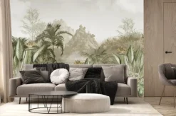 Fototapeta: Tropikalny mural z roślinami egzotycznymi i krajobrazem wyżynnym