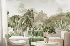 Fototapeta: Tropikalny mural z roślinami egzotycznymi i krajobrazem wyżynnym