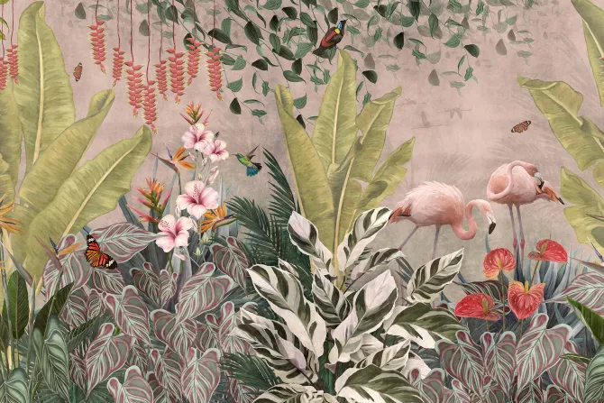 Fototapeta: Tropikalny raj z flamingami wśród kwiatów