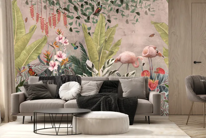 Fototapeta: Tropikalny raj z flamingami wśród kwiatów
