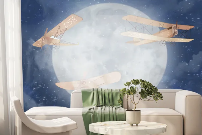 Fototapeta: Trzy samoloty na tle księżyca