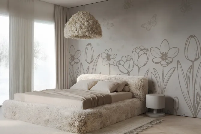 Fototapeta: Tulipany motyle i owady w minimalistycznym stylu beżowy botaniczny