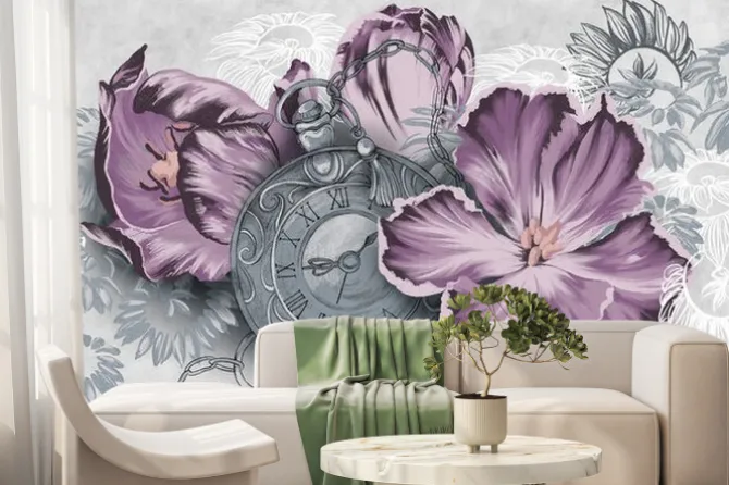 Fototapeta: Tulips, macro flowers illustration with old clock. a beautiful