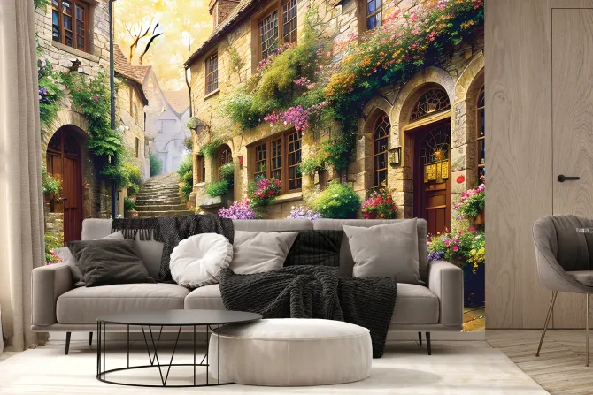 Fototapeta: Uliczka z kamienicami wśród kwiatów
