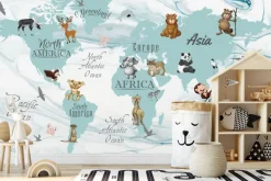 Fototapeta: Urocze zwierzątka na kontynentach mapa świata dla dzieci
