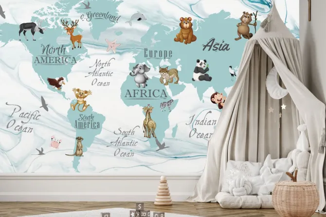 Fototapeta: Urocze zwierzątka na kontynentach mapa świata dla dzieci