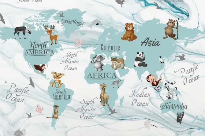 Fototapeta: Urocze zwierzątka na kontynentach mapa świata dla dzieci