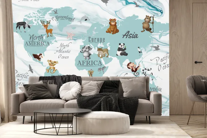 Fototapeta: Urocze zwierzątka na kontynentach mapa świata dla dzieci