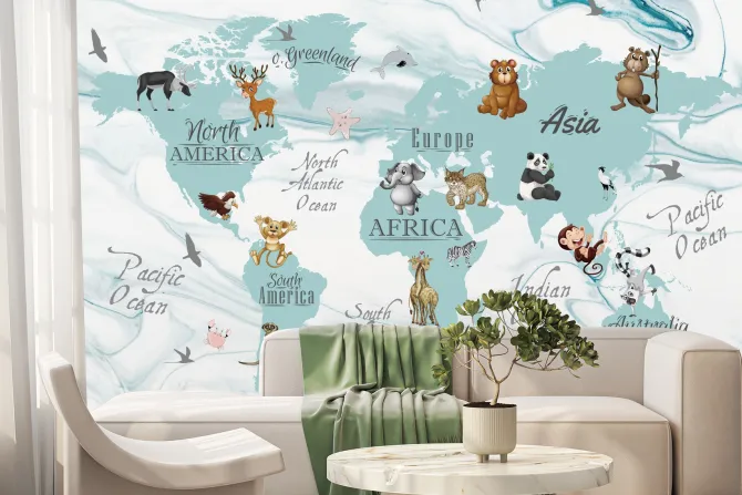 Fototapeta: Urocze zwierzątka na kontynentach mapa świata dla dzieci