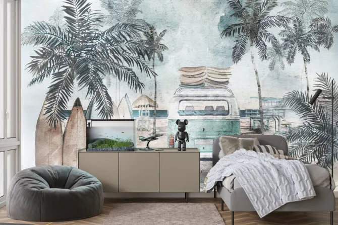 Fototapeta: Van i deski surfingowe na plaży akwarela ilustracja