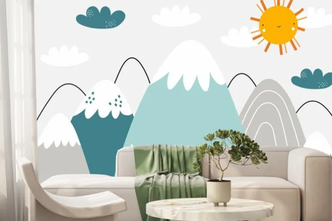 Fototapeta: Vector children hand drawn color mountain illustration in scandinavian