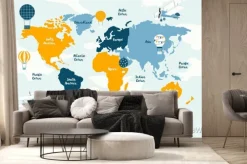 Fototapeta: Vector world map for kids with cute cartoon planes and air balloons.