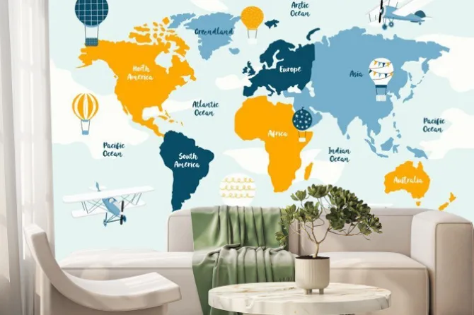 Fototapeta: Vector world map for kids with cute cartoon planes and air balloons.
