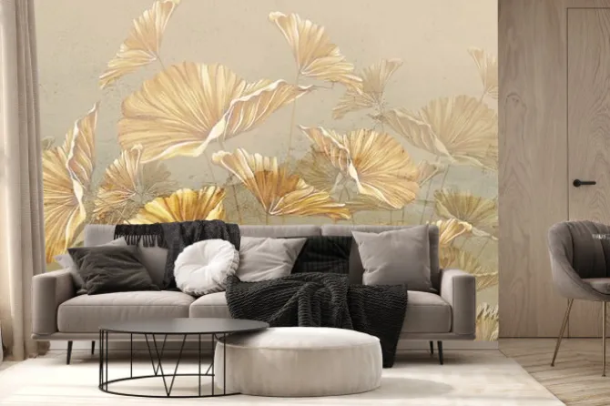 Fototapeta: Vintage golden leaves painted in pastel style on the texture,