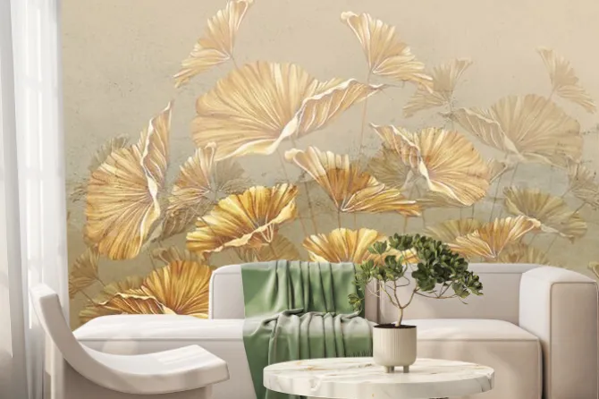 Fototapeta: Vintage golden leaves painted in pastel style on the texture,