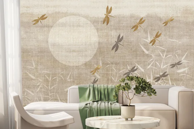 Fototapeta: Ważki nad trzcinami o wschodzie słońca