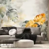Fototapeta: Wallpaper watercolor exotic plams leaves and flowers in washed