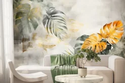 Fototapeta: Wallpaper watercolor exotic plams leaves and flowers in washed
