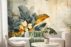 Fototapeta: Wallpaper watercolor exotic plams leaves and flowers in washed
