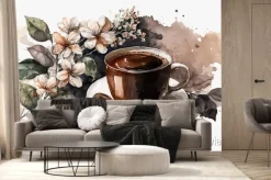 Fototapeta: Watercolor coffe cup, concept coffee and flowers art illustration,