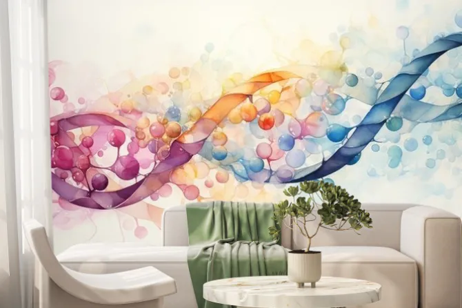 Fototapeta: Watercolor painting of a dna double helix, with a soft, dreamy