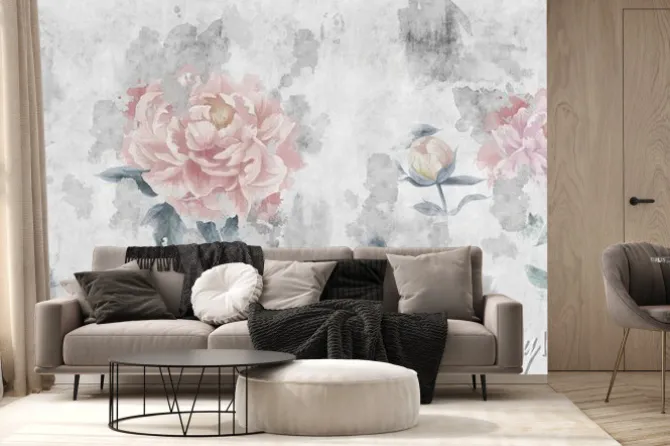 Fototapeta: Watercolor peonies flowers painted on a concrete grunge wall.