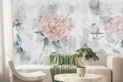 Fototapeta: Watercolor peonies flowers painted on a concrete grunge wall.