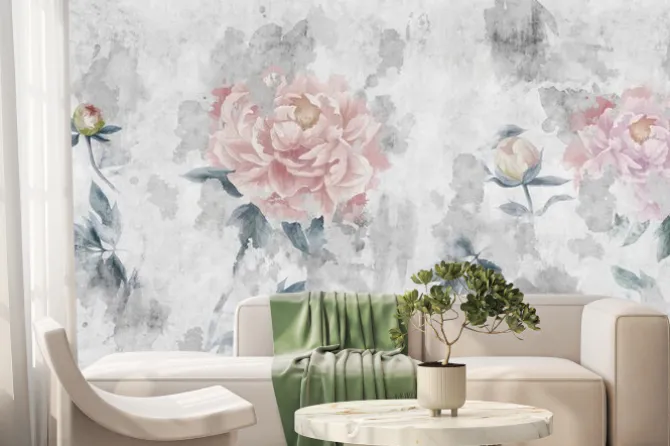 Fototapeta: Watercolor peonies flowers painted on a concrete grunge wall.