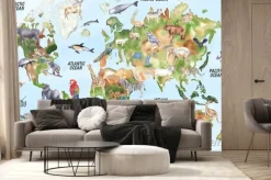 Fototapeta: Watercolor world map illustration. world animals poster nursery