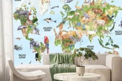 Fototapeta: Watercolor world map illustration. world animals poster nursery