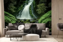 Fototapeta: Waterfall with forest stream and green moss 4. generative ai.