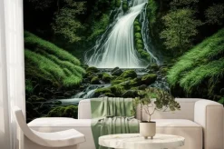 Fototapeta: Waterfall with forest stream and green moss 4. generative ai.