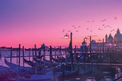 Fototapeta: Wenecki zachód słońca na tle gondol i katedry