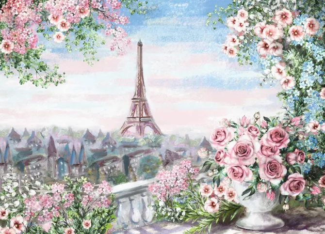 Fototapeta: Widok na krajobraz paryżu z kwiecistego balkonu