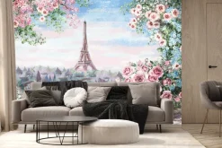 Fototapeta: Widok na krajobraz paryżu z kwiecistego balkonu