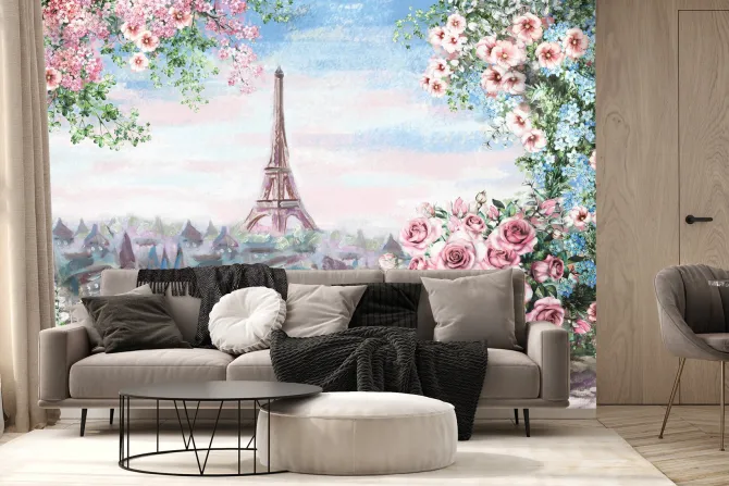 Fototapeta: Widok na krajobraz paryżu z kwiecistego balkonu