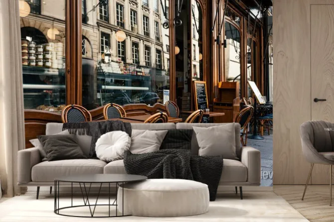 Fototapeta: Widok na paryską uliczkę z kawiarnią