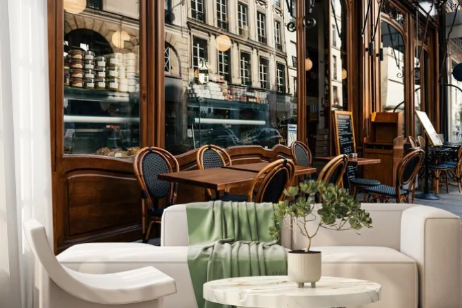 Fototapeta: Widok na paryską uliczkę z kawiarnią