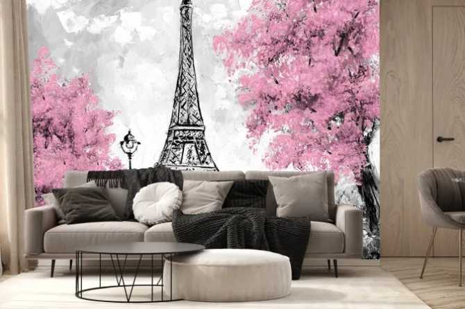 Fototapeta: Wieża eiffla z różowymi drzewami w malarskim stylu