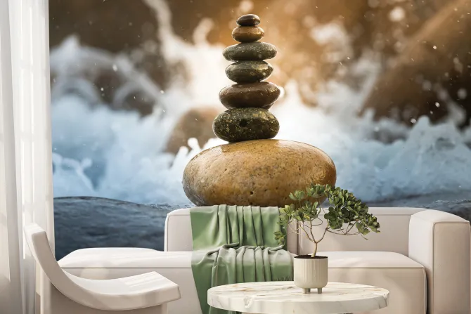 Fototapeta: Wieża z kamieni na tle wody