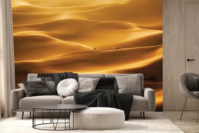 Fototapeta: Wielbłądy idące przez ogromną pustynię