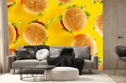 Fototapeta: Wiele smakowici świezi niezdrowi hamburgery z ketchupem i warzywami