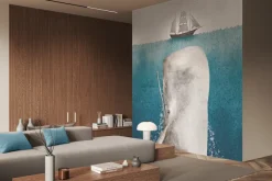 Fototapeta: Wieloryb i statek akwarelowy morski krajobraz