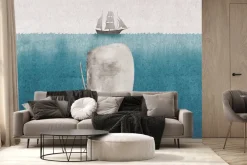 Fototapeta: Wieloryb i statek akwarelowy morski krajobraz