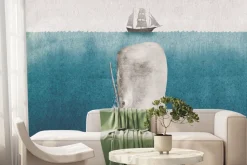 Fototapeta: Wieloryb i statek akwarelowy morski krajobraz