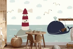 Fototapeta: Wieloryb latarnia morska i morze skandynawski wzór dziecięcy
