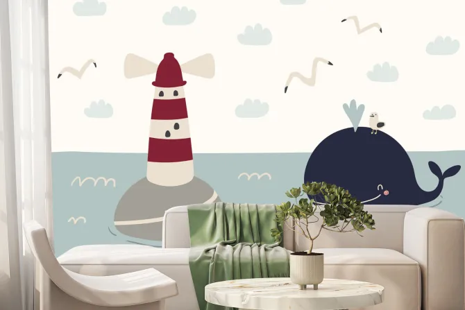 Fototapeta: Wieloryb latarnia morska i morze skandynawski wzór dziecięcy