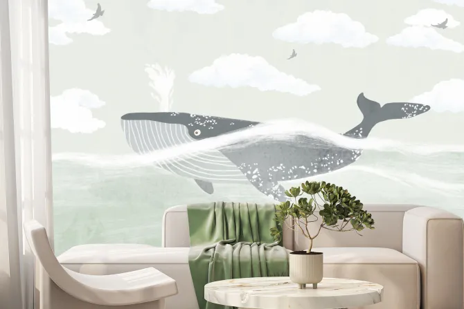 Fototapeta: Wieloryb w morzu na tle chmur i ptaków