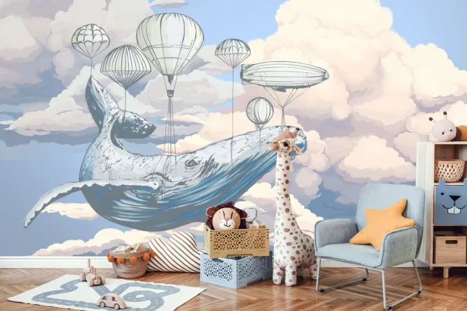 Fototapeta: Wieloryb z balonami na tle chmur i błękitnego nieba akwarelowy