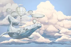 Fototapeta: Wieloryb z balonami na tle chmur i błękitnego nieba akwarelowy